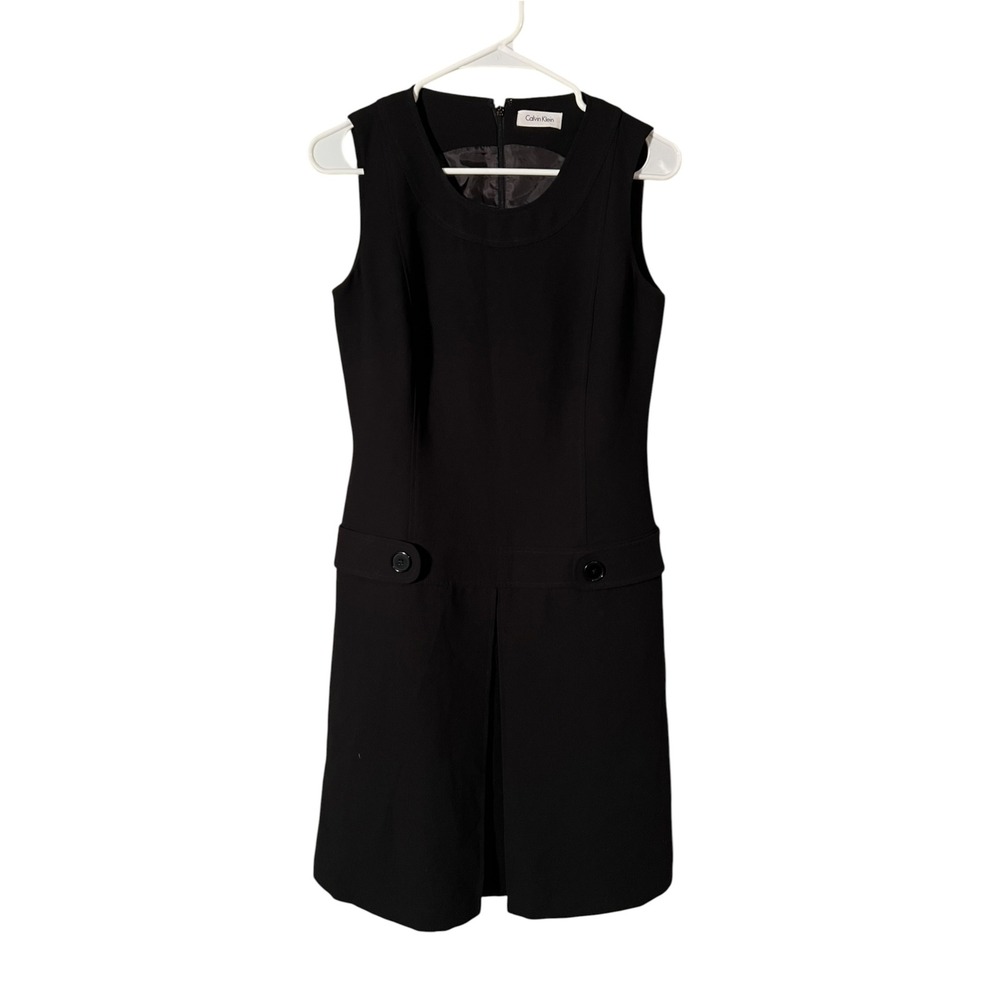Calvin Klein Women's Sleeveless Crewneck Sheath Dress Black Button Details Waist